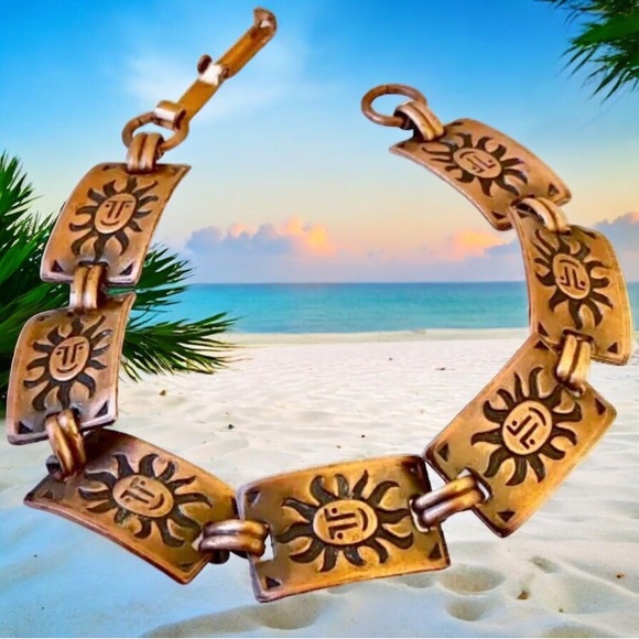 Copper Bracelet Vintage Sun Face Rectangular Links Southwestern Boho - Picture 1 of 11